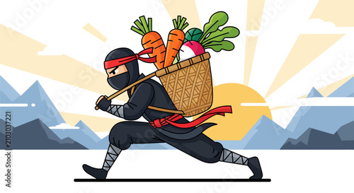 Ninja carrying fresh vegetables in a basket, healthy food delivery, cartoon style