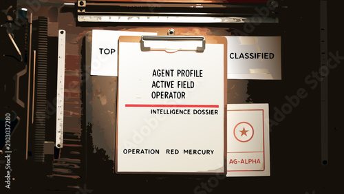 Foto Intelligence dossier with classified documents and a metal clipboard a vector il