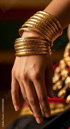 Womans Hand Adorned with Gold Bangles.