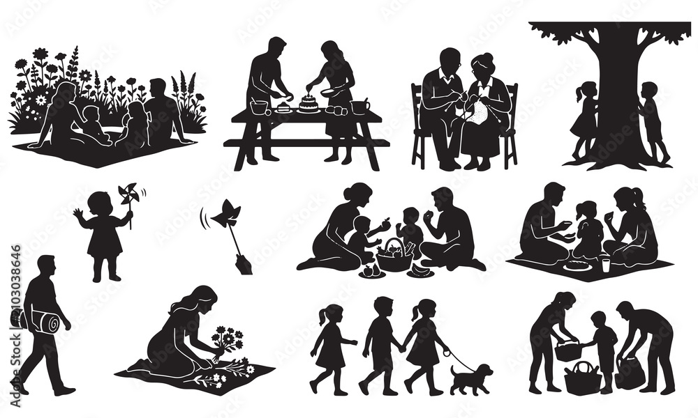 Obraz premium Assorted black silhouettes of families enjoying garden picnics, birthday cakes, walking with dogs, playing with pinwheels, and spending time under trees in the park