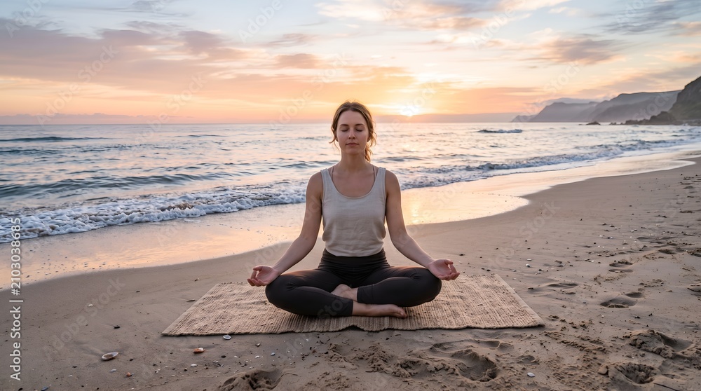 Fototapeta premium Young woman practicing yoga meditation on the beach during a beautiful sunset.