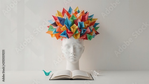 Creative mind concept with origami paper art on white mannequin head and open book in minimalist setting