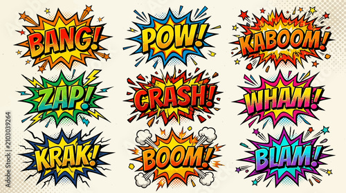 Foto Comic book style sound effects with vibrant colors and explosive text bubbles, featuring various onomatopoeia like Bang, Pow, and Kaboom
