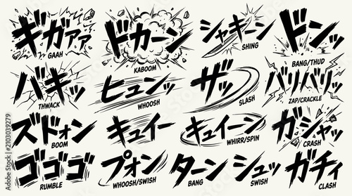 Foto Collection of Japanese manga sound effects with English translations, featuring dynamic onomatopoeia and expressive typography for comic book design