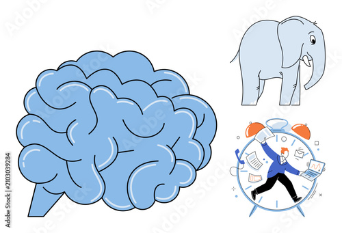 Obraz na plátně Human brain, elephant, and busy businessman running inside a clock face vector illustration
