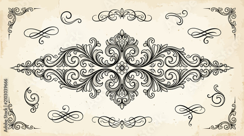 Slika na platnu Elegant vintage scrollwork and ornate decorative elements set on an aged paper background, featuring intricate floral patterns and classic flourishes