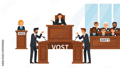 Courtroom scene: lawyers arguing, jury watching, judge presiding illustration