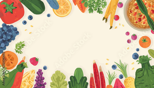 A vibrant, colorful illustration of a healthy food border featuring a variety of fresh fruits, vegetables, and a savory tart surrounding a blank central space.