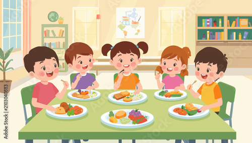 Five happy children enjoying a healthy meal together at a dining table in a brightly lit room with bookshelves in the background.
