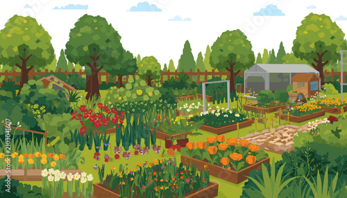 A vibrant and lush community garden with various raised beds, colorful flowers, green plants, a winding path, trees, and a greenhouse under a blue sky.