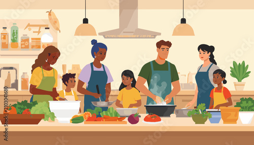 A diverse group of adults and children cooking together in a modern kitchen, preparing healthy meals with fresh vegetables, fostering community and shared culinary experiences.