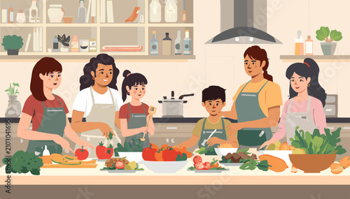 Diverse group of adults and children happily preparing fresh vegetables in a bright, modern kitchen during a cooking class or family meal preparation.