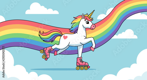 Rainbow Unicorn Skates Over Clouds on Roller Skates