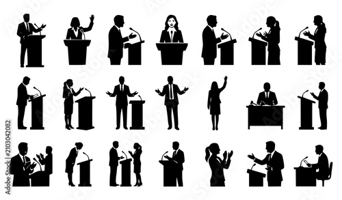 Public Debate Speaker Silhouette Vector Set with Podium and Speech Illustrations