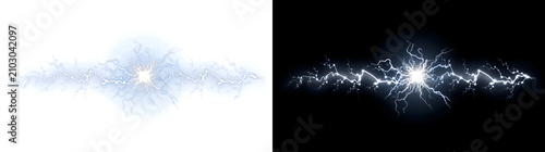 Фотография Blue lightning bolt streaking horizontally with bright electric sparks and glowi