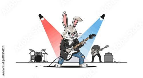 Rockstar Rabbit Playing Guitar on Stage with Band, Lights, Drum Kit