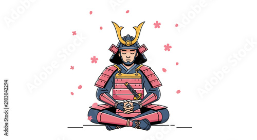 Samurai meditating in lotus pose, surrounded by cherry blossoms, warrior, zen, japan