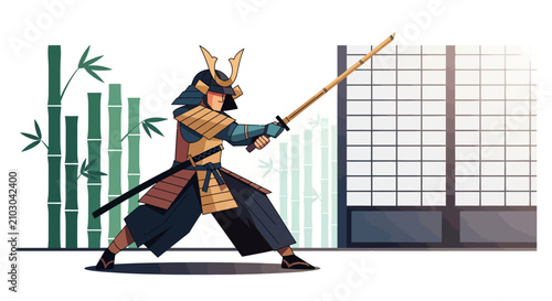 Samurai warrior in traditional armor practicing sword fighting with bamboo and shoji screen