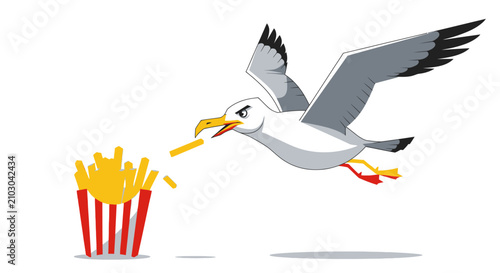 Seagull Stealing French Fries from Red Striped Container