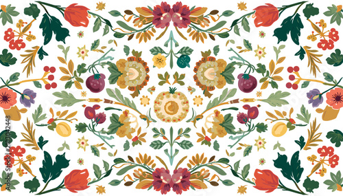 Vibrant symmetrical folk art floral pattern with intricate details and rich colors on a white background, evoking traditional embroidery.