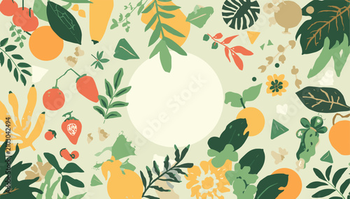 Vibrant flat-design illustration of tropical fruits and green leaves surrounding a central blank circle on a light background, perfect for copy space.