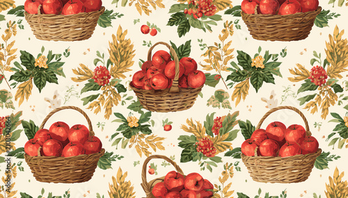 Seamless pattern featuring baskets overflowing with vibrant red apples and autumnal foliage on a light background.