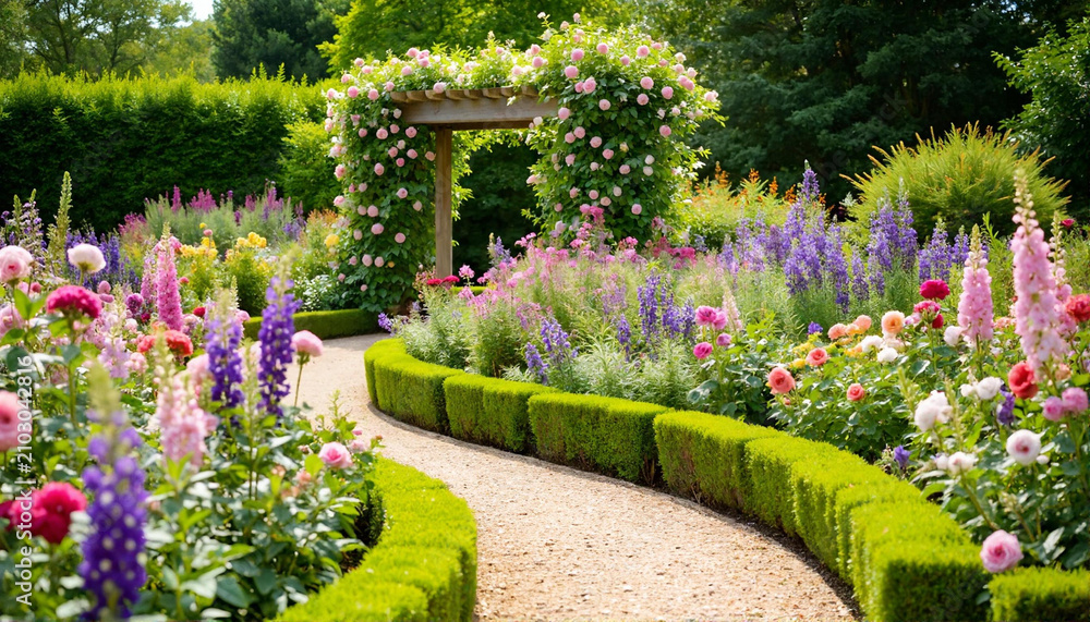 Obraz premium English garden with a wooden arbor covered in climbing roses
