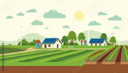 Sustainable farming landscape illustration featuring houses with solar panels, wind turbines, and lush green fields under a bright sky.