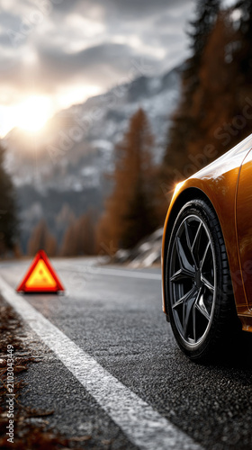 Broken down luxury car standing on a mountain road with a red emergency warning triangle, indicating a vehicle malfunction or accident during a golden hour sunset