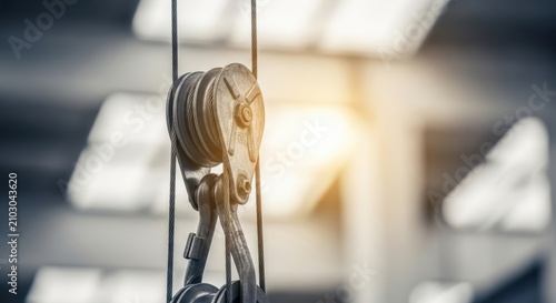 Close-up view of a heavy-duty industrial pulley system with steel cables, illuminated by soft sunlight
