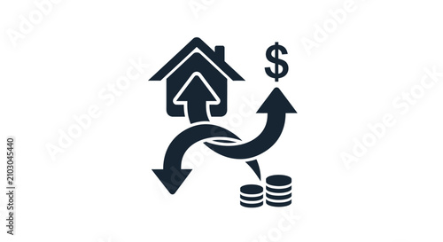 Φωτογραφία House icon with currency symbols and directional arrows illustrates the flow of capital in real estate market transactions