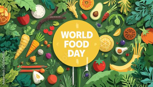Tableau sur toile Vibrant illustration celebrating World Food Day with an abundance of fresh fruits, vegetables, and leafy greens arranged artfully on a green background