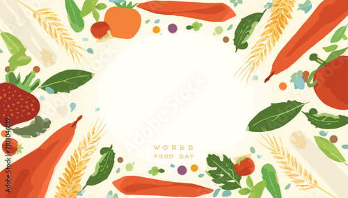 Canvastavla A vibrant and colorful illustration celebrating World Food Day with an assortment of fresh fruits, vegetables, and grains arranged around a central empty space