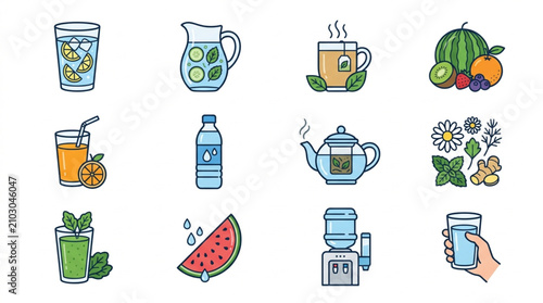 Canvas Print Collection of refreshing drinks and healthy beverages icons.
