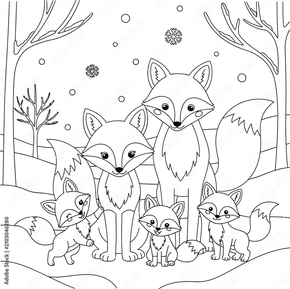 Fototapeta premium Cute Fox Family Coloring Page with Winter Forest Scene and Woodland Wildlife Line Art Illustration for Kids Activity Book