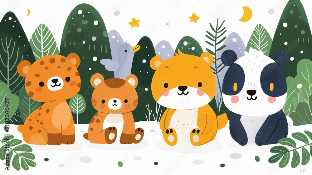 Obraz premium Group of cute cartoon baby animals including a leopard, bear, and panda sitting together in a stylized green forest under a starry sky, representing childhood friendship art