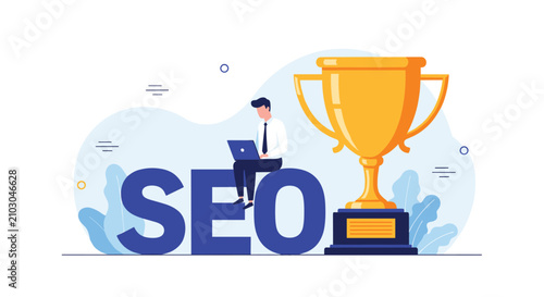 SEO expert sitting on large search engine optimization letters next to golden trophy representing digital marketing success.