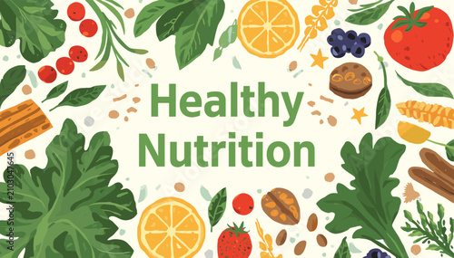 Foto Vibrant illustration showcasing the abundance of healthy nutrition with fresh fruits, vegetables, and nuts arranged artfully