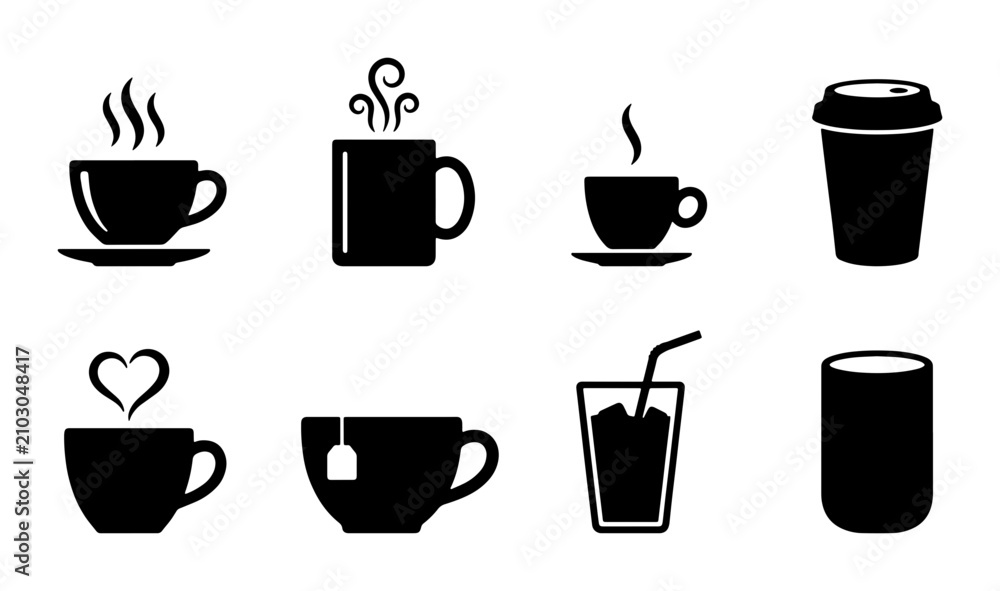 Obraz premium Hot Beverage Icons Set, Coffee Cup and Tea Mug Vector Collection, Drink Symbols for Cafe and Restaurant