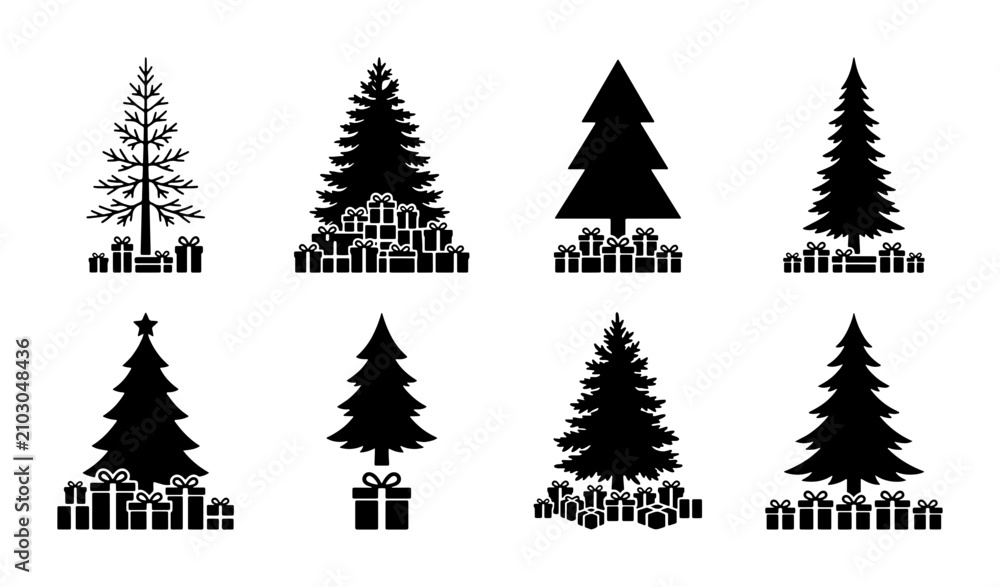Obraz premium Christmas Tree Icons, Festive Holiday Vector Graphics, Winter Season Celebration Symbols, Black and White Seasonal Elements