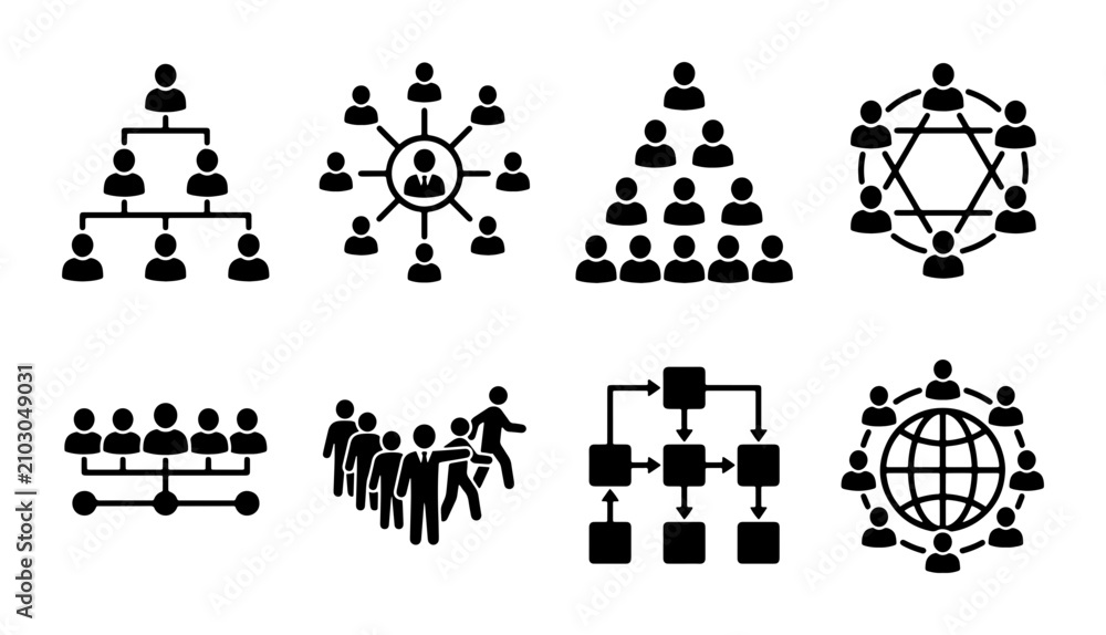 Fototapeta premium Organizational Structure Icons, Teamwork Network Diagrams, Business Hierarchy Charts, Leadership Silhouettes