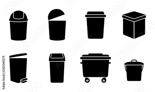 Foto Trash Can Icons, Waste Bin Silhouettes, Garbage Container Vector Set, Recycling