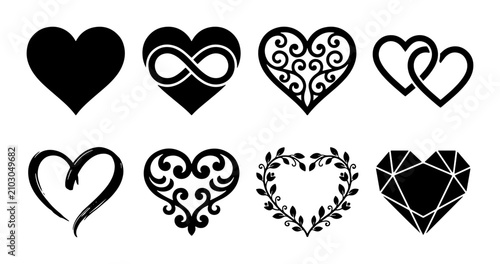 Diverse Heart Icons Set, Vector Graphics for Love, Romance, and Valentine's Day Designs