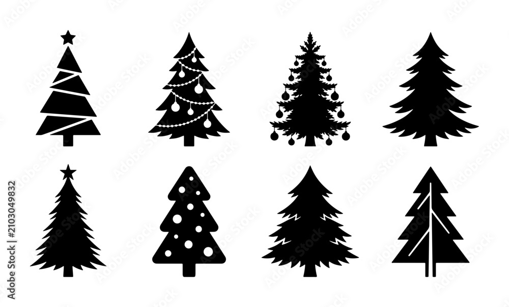 Obraz premium Christmas Tree Icons Set, Festive Holiday Vector Graphics, Winter Celebration Symbols, Black and White Decorative Elements