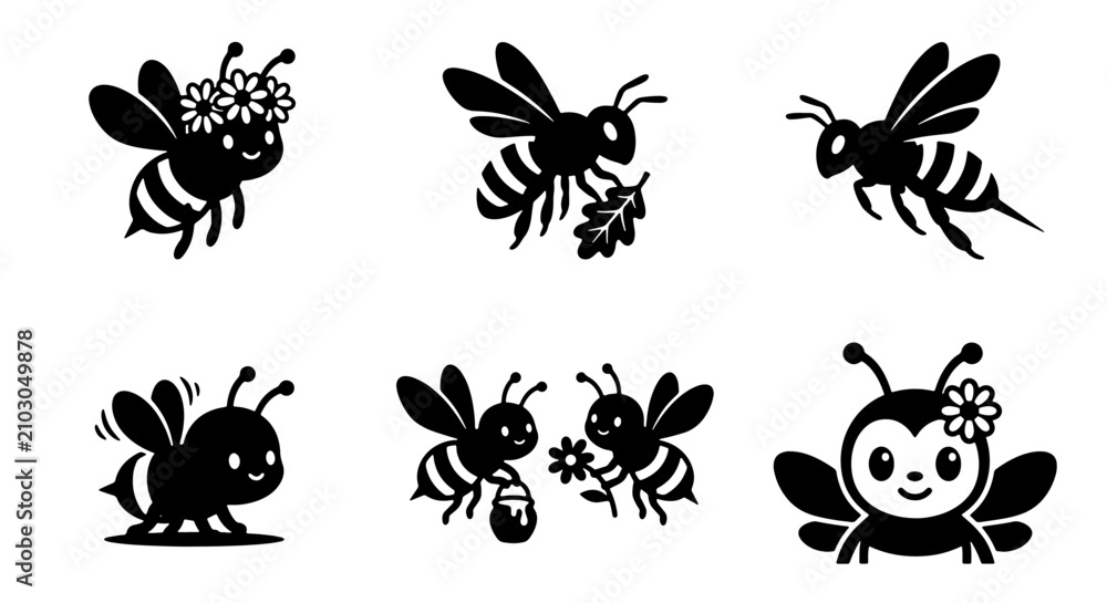 Fototapeta premium 70 Honey bee silhouette icon set, cute bumblebee character collection with 6 vector elements, black and white insect illustrations for honey packaging 100