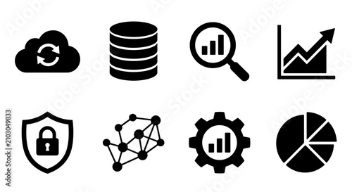 Fotografía 70 Data analytics icon set, black flat vector symbols for business intelligence