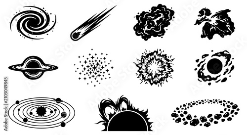 Foto 70 Outer space celestial bodies vector set, black and white galaxy icons, astron