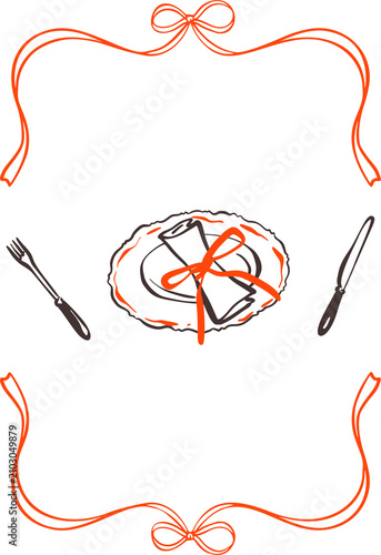 Foto Hand drawn doodle coquette whimsical pink bow ribbon frame with tableware