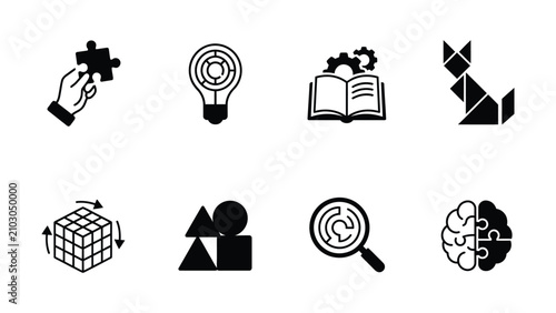 Cuadro en lienzo Set of eight black icons representing concepts like thinking problem solving and