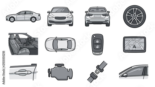 Konstfotografi Minimalist Black and White Line Drawing Icons of Various Car Components and View